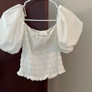 Line & Dot White Smocked Puff Sleeve Blouse
